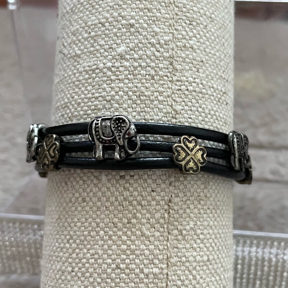 Bohemian Elephant Charm Leather Bracelet with Gold and Silver Accents - Picture 4 of 8